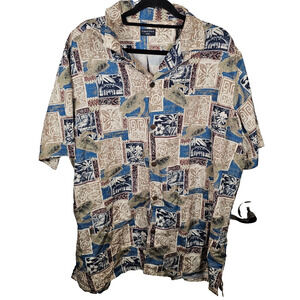 Tropical Storm Shirt Mens 2XL XXL Blue Floral Sea Turtle Tiled Hawaiian Button